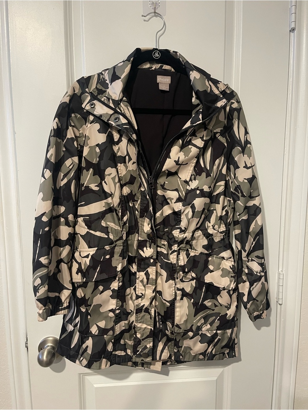 Chico's Olive, Black & Cream Camouflage Utility Jacket
